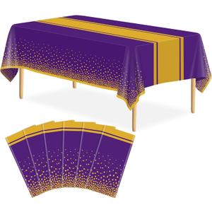 6 Pack Purple and Gold Tablecloth Party Decorations Plastic Purple Tablecloth Printed Gold Table Runner 54 x108 Inch Disposable Rectangle Table Cover for Birthday Wedding Graduation
