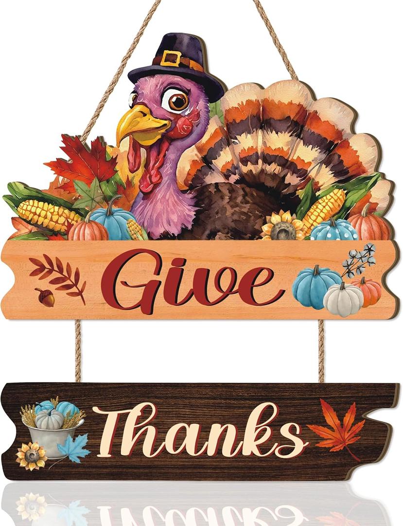 Give Thanks Door Sign,Turkey Front Door Decor,Thanksgiving Day Wooden Plaque,Thankful Wreath,Fall Wooden Hanging Signs,Autumn Wall Sign,Realistic Turkey Wreath For Outdoor Porch Office Home Room