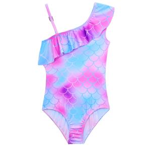 Snowheart Girls Swimwear Size 10-12 Years Old Blue Purple Scales One Piece One Shoulder Swimsuits for Kid