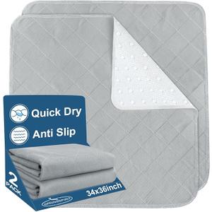 Bed Pads Washable Waterproof(2 Pack, 34 x 36), Washable and Reusable Incontinence Chuck Pads Anti Slip Pee Pads Underpad Sheet Protector for Adults, Elderly, Kids, Toddler and Pets, Grey