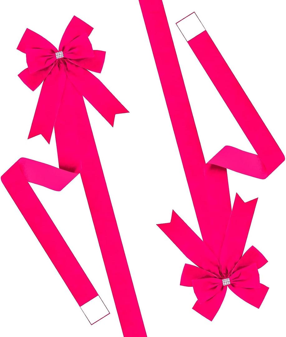 Meseey 6 Pieces Christmas Cabinet Bows Adjustable Straps Large Hot Pink Velvet Cabinet Door Bows for Xmas Kitchen/Garage/Farmhouse Decor (Hot Pink)