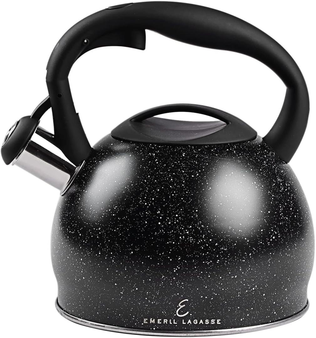 Emeril Lagasse 3.2 Quart/3 Liter Whistling Tea Kettle, Stainless Steel Whistling Tea Pot for Induction Stove Top, Fast to Boil Water for Home Kitchen Condo, with Ergonomic Cool Grip Handle, Black