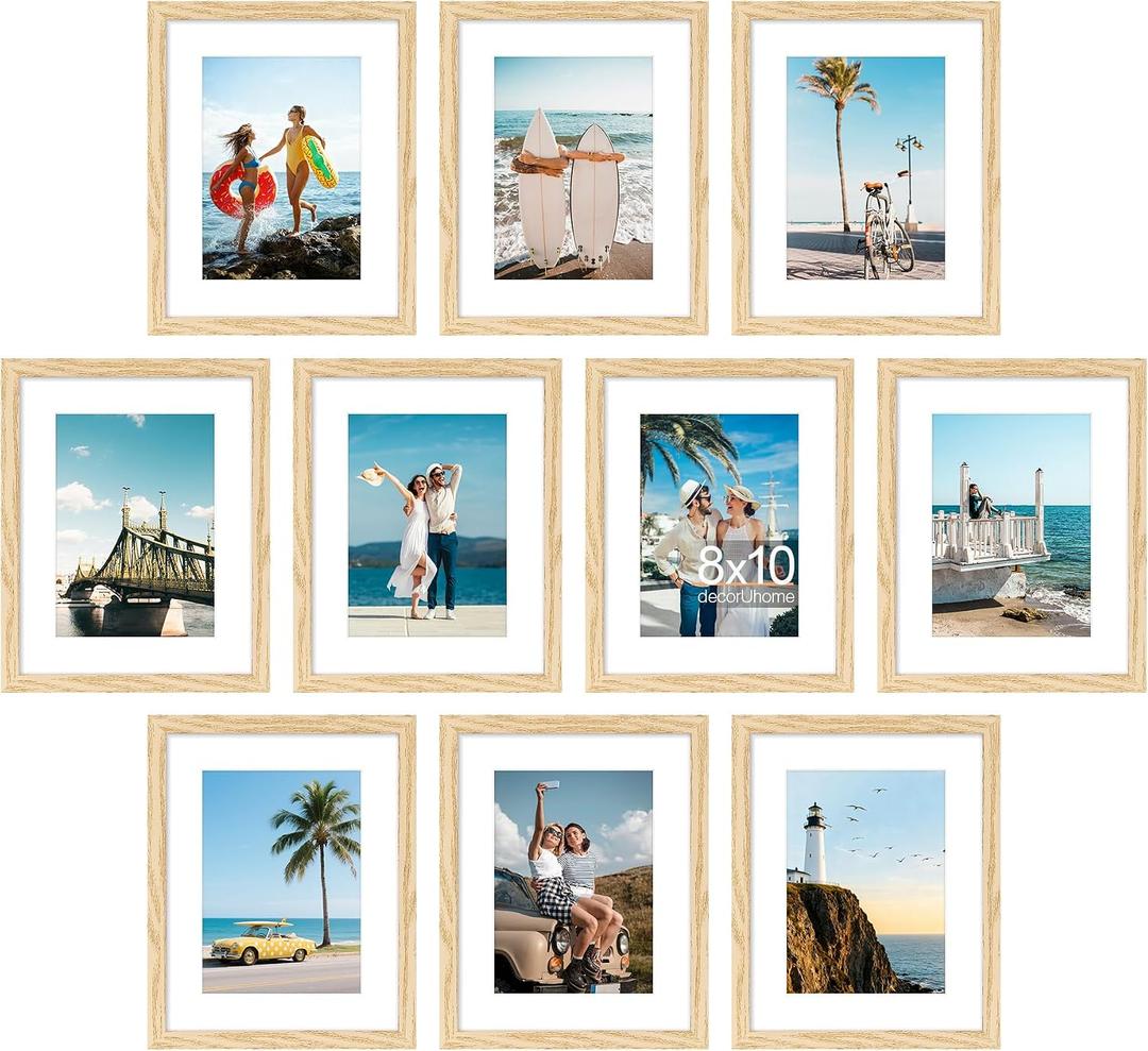 decorUhome 8x10 Picture Frame Set of 10, Display Photos 5x7 with Mat or 8x10 Unmatted for Picture Frames Collage Wall Decor, Natural