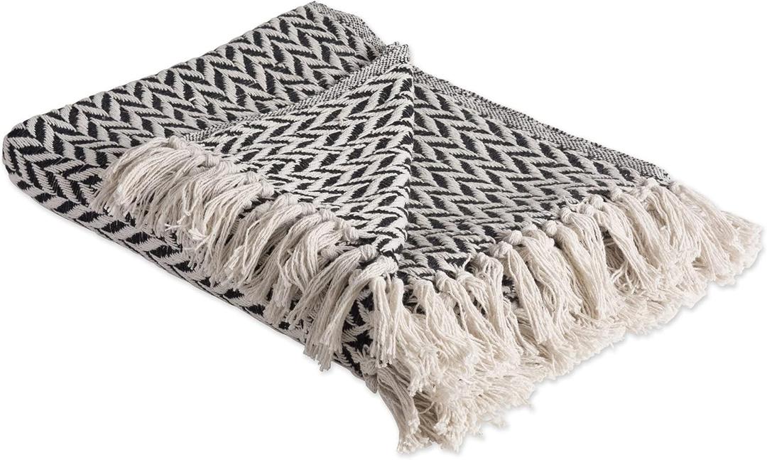 DII Modern Zig Zag Throw Blanket Woven Cotton, Hand-Knotted 2.5" Fringe, 50x60, Black