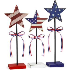 3 Pcs 4th of July Table Decoration Wooden Sign, Retro Red White Blue Star Patriotic Table Centerpiece Fourth of July Tabletop Decorations Memorial Day Tiered Tray Decor for Home Office