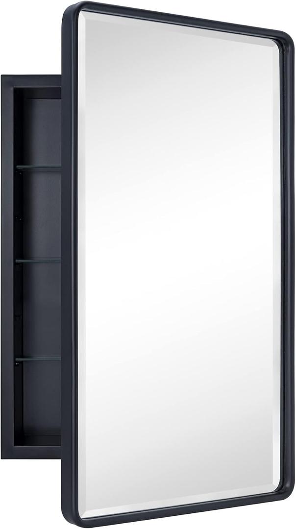 TEHOME Farmhouse Black Metal Framed Recessed Bathroom Medicine Cabinets with Mirror Rounded Rectangle Medicine Cabinet with BeveledMirros,16.5x27.5''