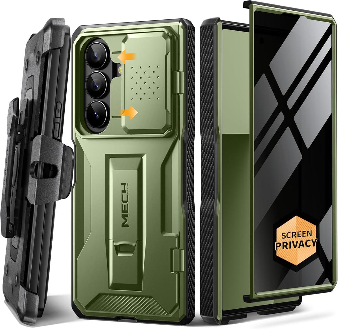 TONGATE for Z Fold 7 Case with Privacy Screen Protector, [Built-in Slide Camera Cover & Stand] [Anti Spy] Military Grade Drop Phone Case for Samsung Galaxy Z Fold 7 with Belt Clip, Green Privacy
