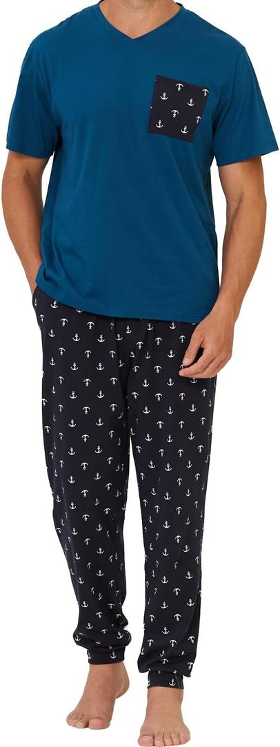 Keyocean Mens Pajama Set, Soft Cotton V-Neck Short-Sleeve T-Shirt & Pants Summer PJ Set for Sleeping, Size S