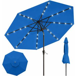 10FT Solar Lighted Patio Umbrella, Outdoor Table Market Umbrellas with Push Button Tilt and Crank, 32 LED Lights, 8 Sturdy Ribs, UV-Resistant for Deck, Garden, Pool