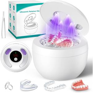 Upgraded Ultrasonic Retainer Cleaner Machine, 45kHz Ultrasonic Dentures Cleaner for Night Guards, Braces, Aligner, Toothbrush, Jewelry and More, 4 UV Lights, 200ML Capacity (White)