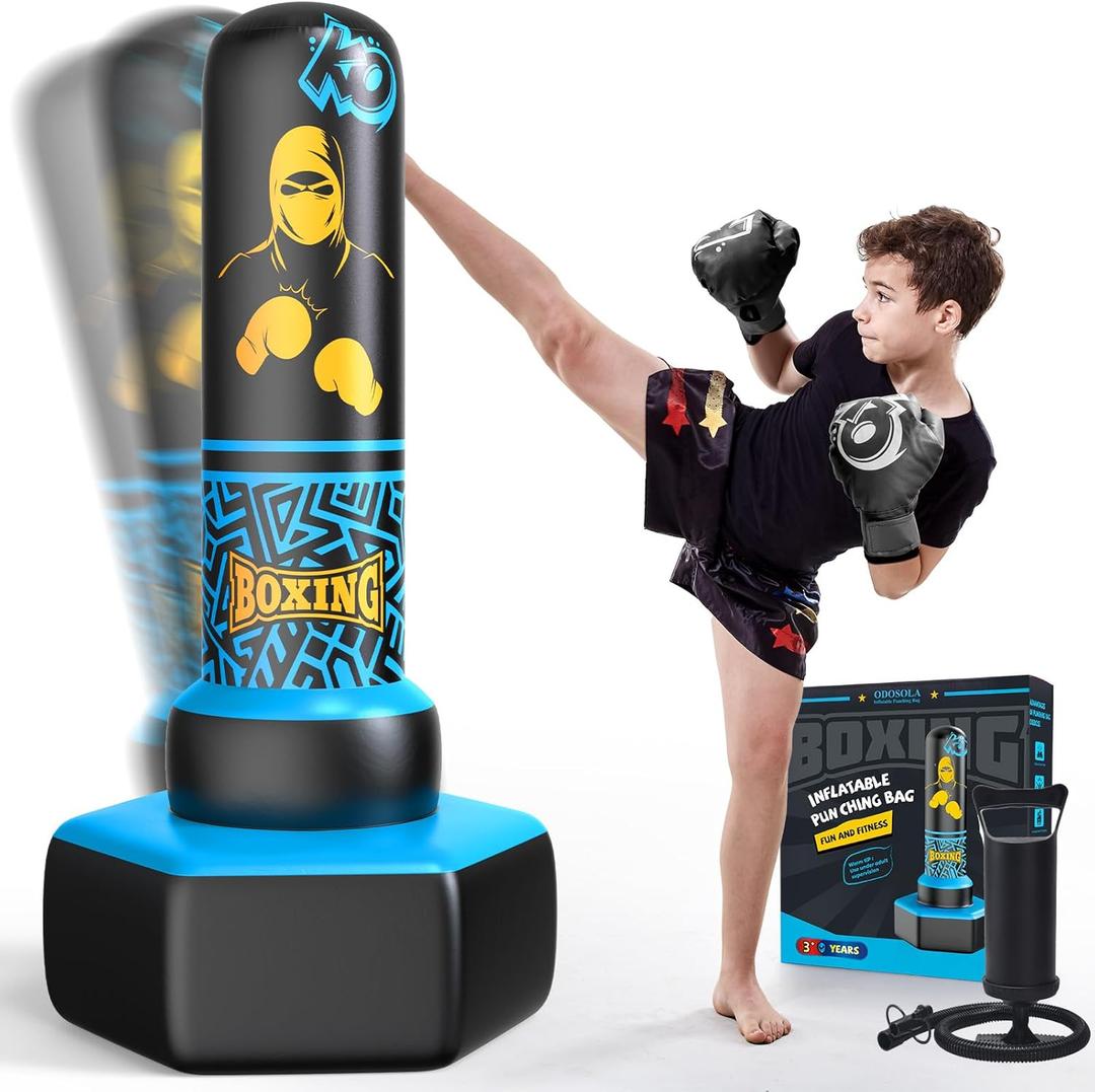 67'' Inflatable Punching Bag Freestanding for Kids Aged 3-12  Heavy Duty Boxing Set for Karate & Taekwondo, Stable Boxing Bag Active Kids Toy, Christmas Birthday Gift for Boys and Girls (Blue)