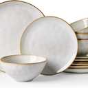 Famiware Dinnerware Sets for 4, Ocean Round 12-Piece Kitchen Plates and Bowls Sets, Reactive Glaze, Microwave and Dishwasher Safe, Scratch Resistant, Cappuccino White