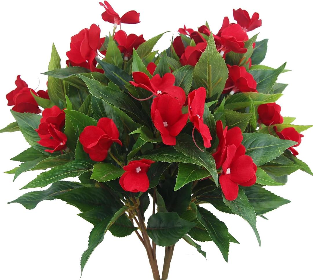 2 Pcs Artificial Impatiens Flowers for Outdoors Faux Impatiens Bushes Red Silk Flowers Greenery Faux Flowers for Outdoor Planters Patio Lawn Garden Balcony Pot Hanging Basket Porch Decoration