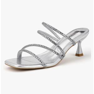 IDIFU IN2 Rhinestone Heels Strappy Low Kitten Square Open Toe Mule Heels Wedding Bridal Prom Party Dress Shoes for Women Comfortable Dressy Formal Sparkly Slip On Heeled Sandals 9