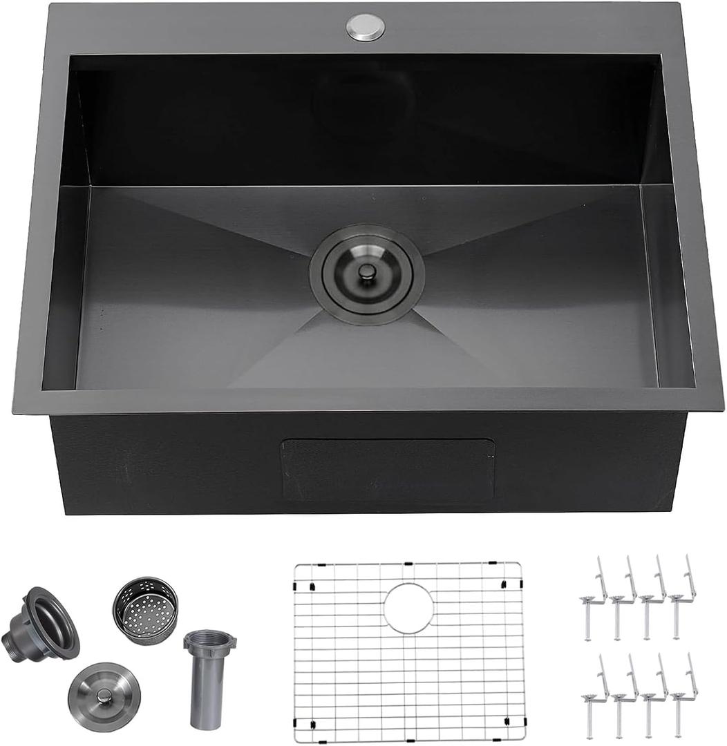 25 x 22 Inch Black Kitchen Sink, Top mount Drop In Stainless Steel Single Bowl Kitchen Sink, 16 Gauge Extra-Thick Modern Bar Prep RV Laundry Sinks with Dish Grid and Basket Strainer