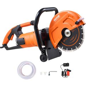 VEVOR Electric Concrete Saw, 9 in Circular Saw Cutter with 3.5 in Cutting Depth, Wet/Dry Disk Cutter Includes Water Line, Pump and Blade, for Stone, Brick, Porcelain, Concrete, 1800W Motor