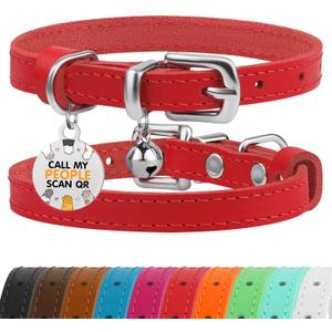BRONZEDOG Leather Cat Collar with Removable Bells Non Breakaway Kitten QR Tag for Girl Boy (7" - 9" for Cats, Red & Silver)