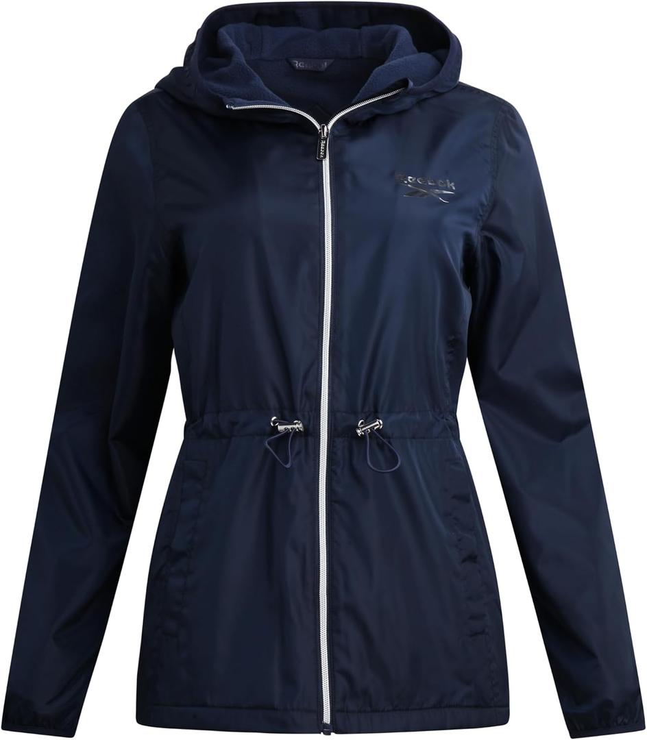 Reebok Womens Windbreaker Jacket - Water Resistant Polar Fleece Windbreaker Jacket for Women with Hood & Cinch Waist Toggles (Medium, Navy)