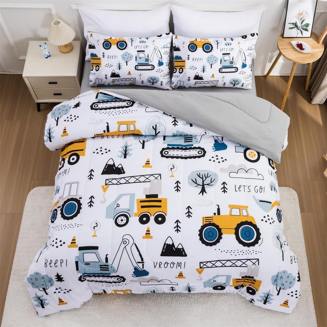 NTBED 5 Pieces Construction Truck Twin Comforter Set for Boys Kids Forest Vehicles Excavator Lightweight Microfiber Bedding Sets (Grey Blue)