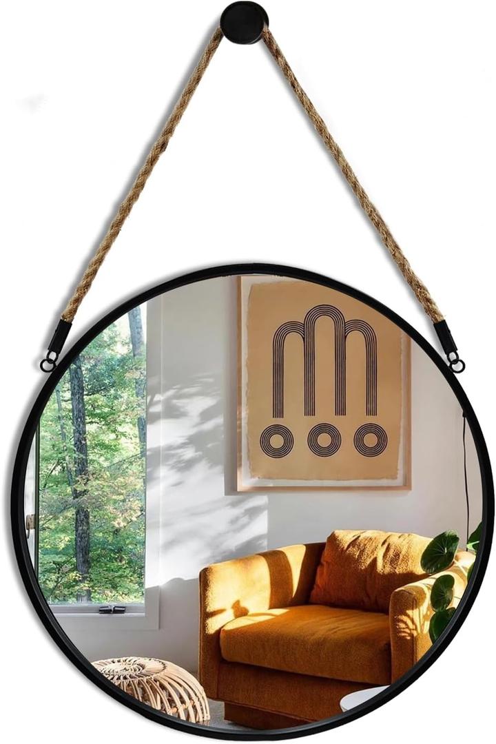 POZINO Round Mirror, 15" Rope Hanging Mirror, Farmhouse Circle Mirrors, Black Metal Frame Wall Mirrors for Bathroom, Bedroom, Living Room, Entryway, Fireplace, Home Decor