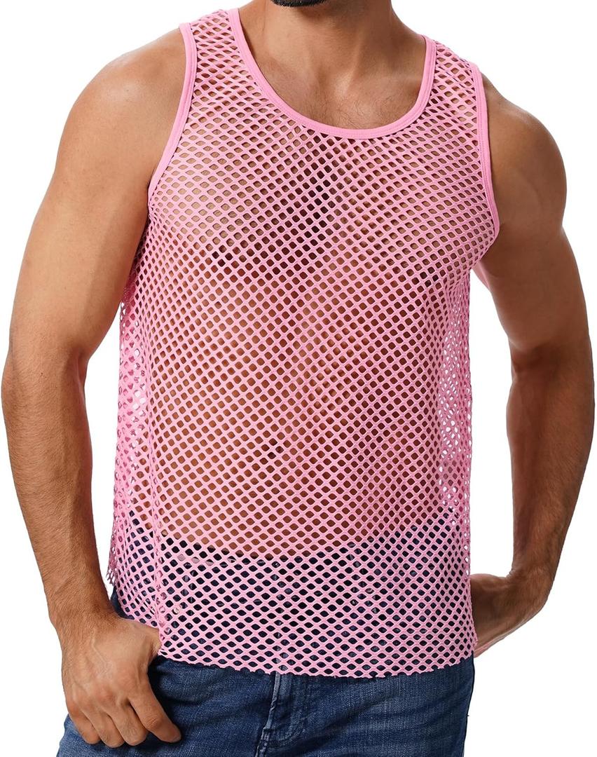 ABAFIP Men's Fishnet Mesh Tank Top Sleeveless Sheer Shirt Gym Workout Fitted Muscle Top Undershirt (Medium, Pink)
