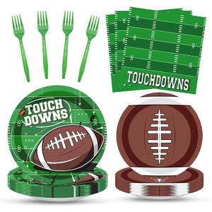 96 Pcs Football Party Decorations Tableware Set Football Theme Disposable Dessert Plates Napkins Forks for Table Supplies Favors for Gameday Tailgate Party Serve 24 Guests