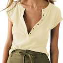 Women's Deep V Neck Low Cut Tops 2025 Casual Ribbed Knit Henley T Shirts Summer Short Sleeve Tees (Beige, M)