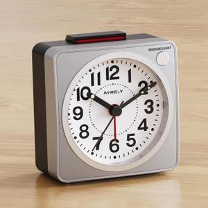 AYRELY 2.6"  1.4" Ultra Small Battery Operated Analog Travel Alarm Clock, Silent Non-Ticking with Snooze and Light, Retro Bedside Table Clock for Bedroom, Easy Top Alarm Switch (Silver)