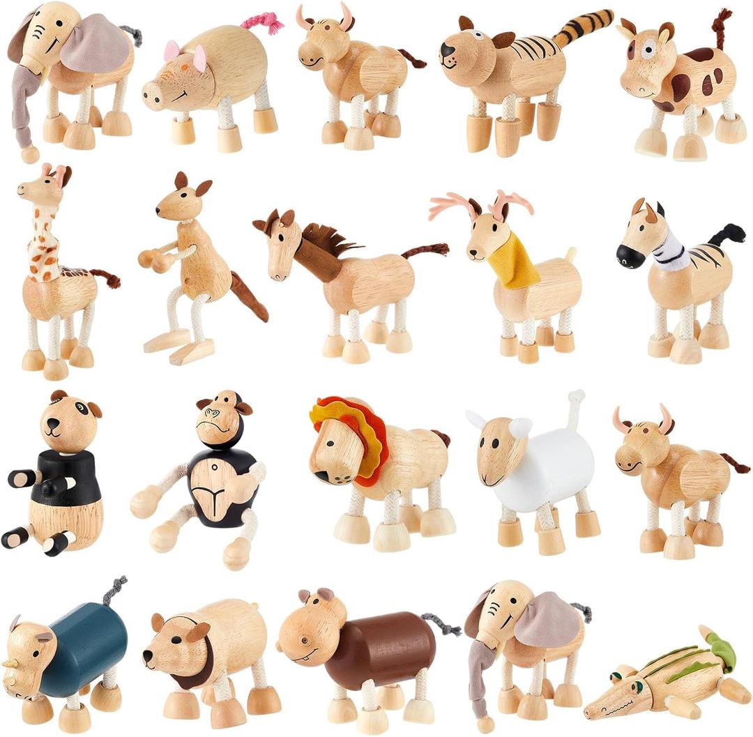 Wettarn 20 Pcs Bendable Wooden Animal Toys Flexible Animal Toys Zoo Safari Jungle Figurines Smooth Natural Farm Animals for Preschool Learning Education Gift for Christmas (Lovely Style)
