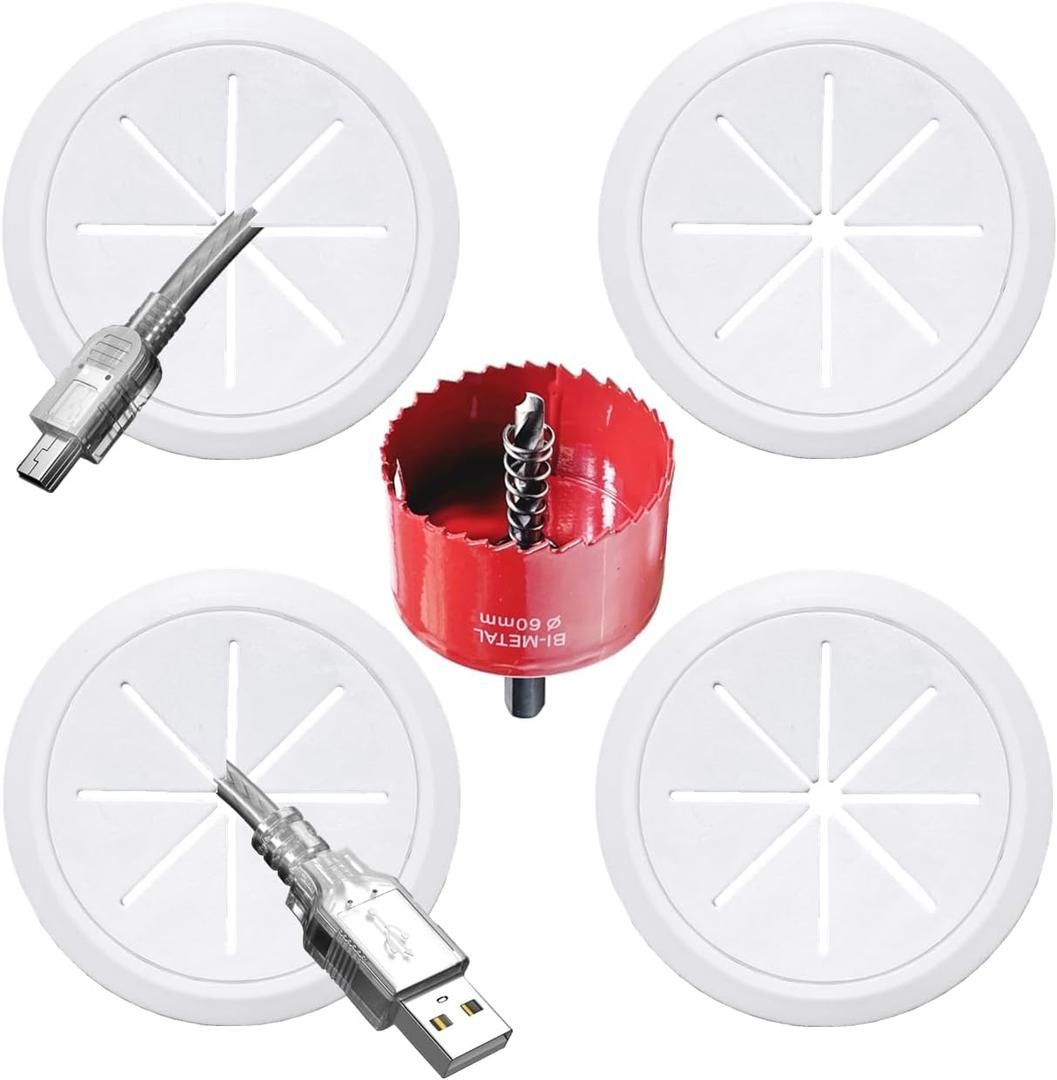 TV Cord Hider for Wall Mounted TV, 2-3/8"(60mm Hole) Wire Hider in Wall Cable Management Kit, Includes 4 Pass Throughs and 1 Hole Saw Drill Attachment Easy to Install