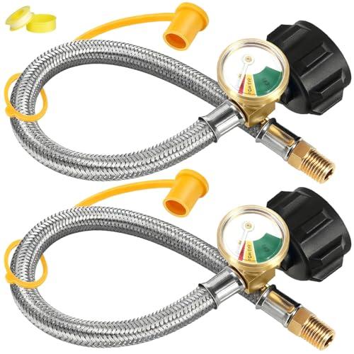 15 Inch RV Propane Hose Replacement with Gauge, 2 Pack - Stainless Steel Braided Hose for RV Two-Stage Regulator - 1/4" Male NPT & QCC1 Inlet, 350PSI