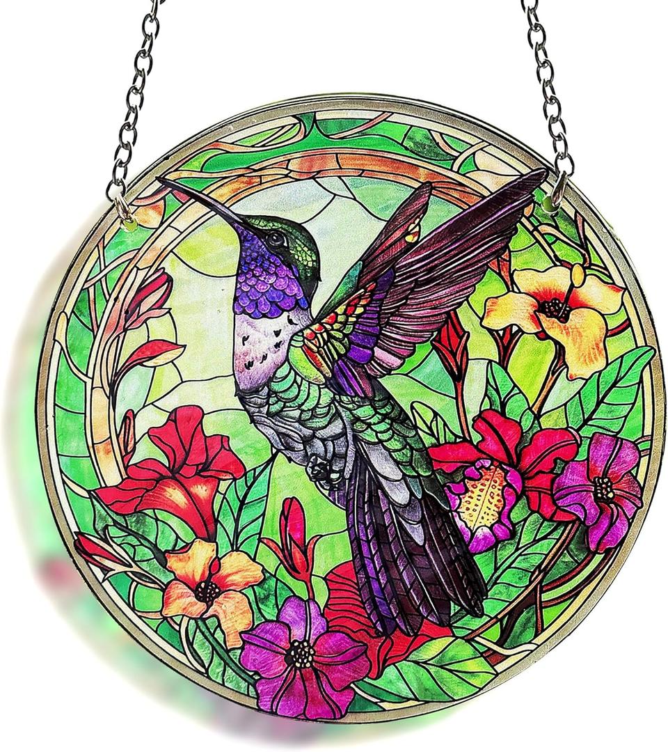 Hummingbird Stained Glass Decor for Women, Bird Lovers Suncatcher. Green Birds Art Walldecor.