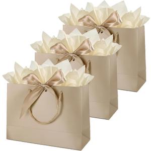 3 pcs gift bags bulk, Large Gift Bag with Handles & Ribbon 3 Tissue Papers, Luxury Bag for Anniversary Birthday Wedding Christmas Holiday Presents (Gold)