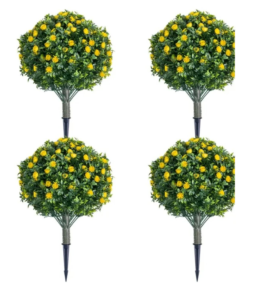 Yunlly 4 Pcs Artificial Flowers Fake Boxwood Topiary Ball Tree 27 Inch Outdoor Faux Bush Balls, Realistic UV Resistance Fake Shrub Plant with Spike for Garden Porch Patio Indoor Decor (Yellow)