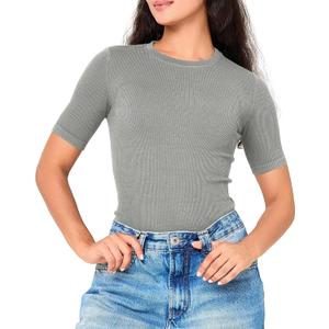 BAMBOO COOL Women's Seamless Tight T-Shirts Slim Fit Basic Ribbed Tees Short Sleeve Crew Neck Top (Gray, M)