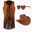 Cowgirl Outfits for Women 60s 70s Hippie Sleeveless Fringe Vest with Cowboy Hat and Sunglasses Halloween Costumes, Size Large