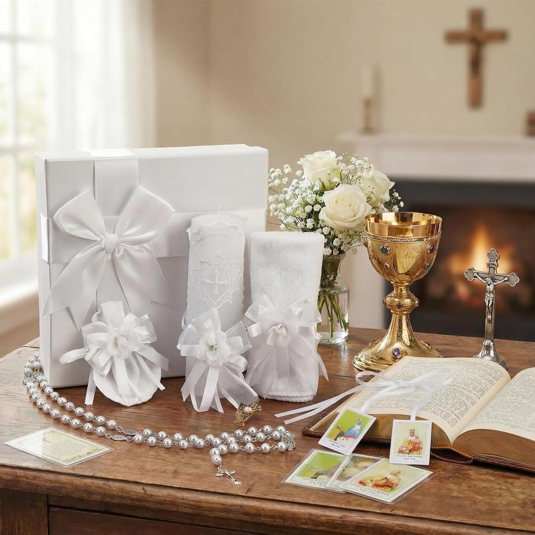 Liliful 7 Pcs White Baptism Candle Set Catholic Baptismal Candle Towel Rosary Necklace Shell Pin Pendant Christening Gift for Godparent Guest Favor Decoration First Holy Communion Gift(Classic,White)