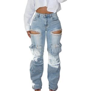 NRTHYE Womens High Waist Rhinestones Cargo Jeans Sexy Ripped Straight Leg Stretch Distressed Denim Trousers Pants (Blue, XL)