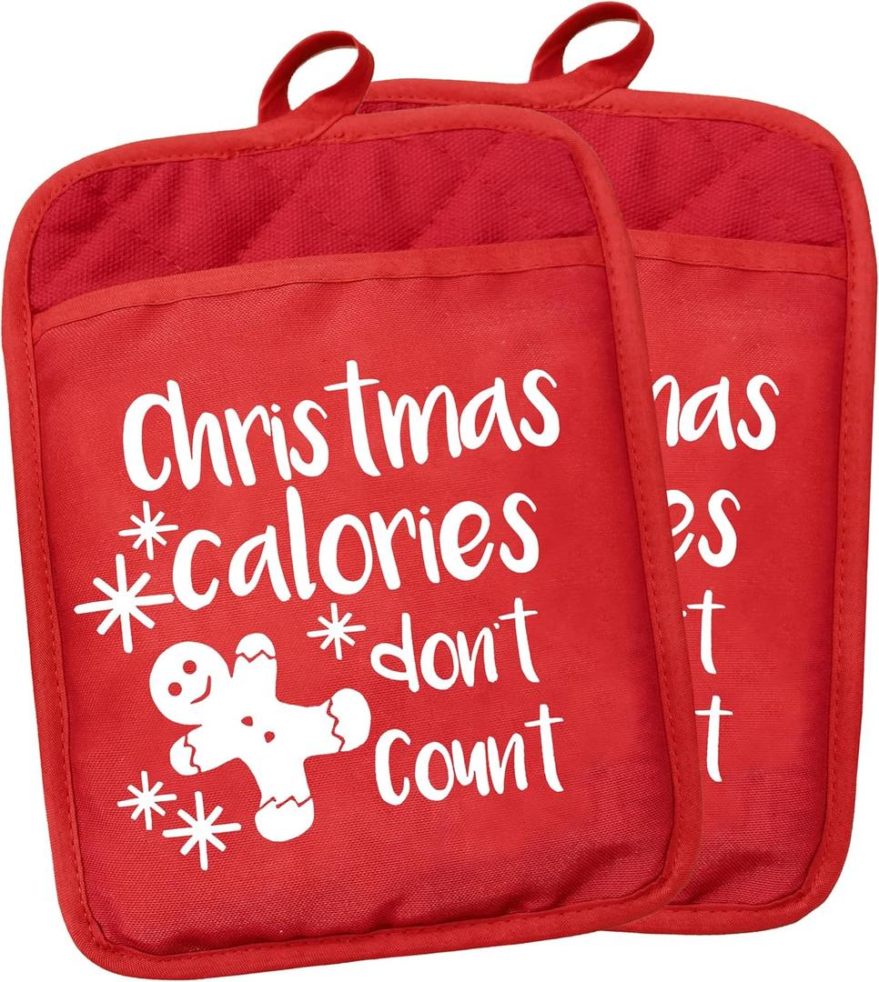 Christmas Pot Holders With Pockets - Calories Don't Count Funny Heat Resistant Oven Mitts Hot Pads for Kitchen Baking Cooking (Sdanjxl-18)