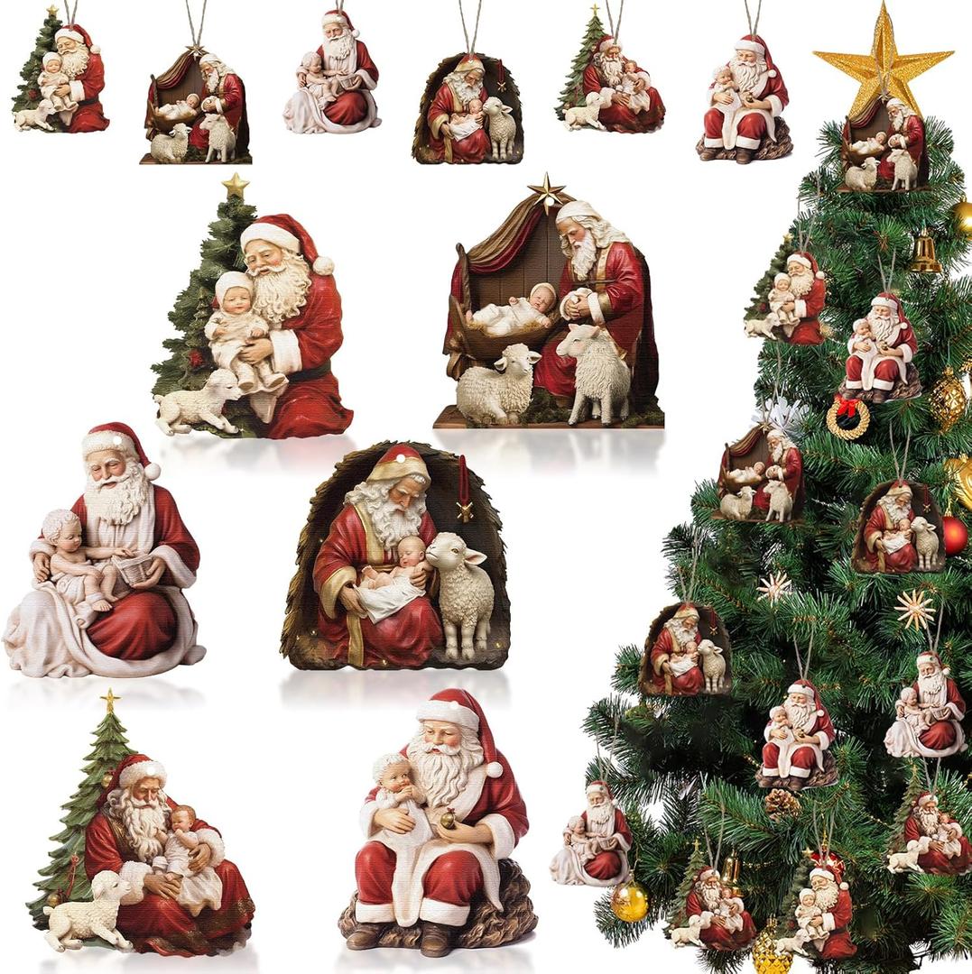 24 Pcs Wooden Santa Ornaments - 6 Styles Nativity of Christ Ornaments for Christmas Tree - 4 x 3.5 Inch Santa with Baby Jesus Hanging Decoration for Home Winter Party