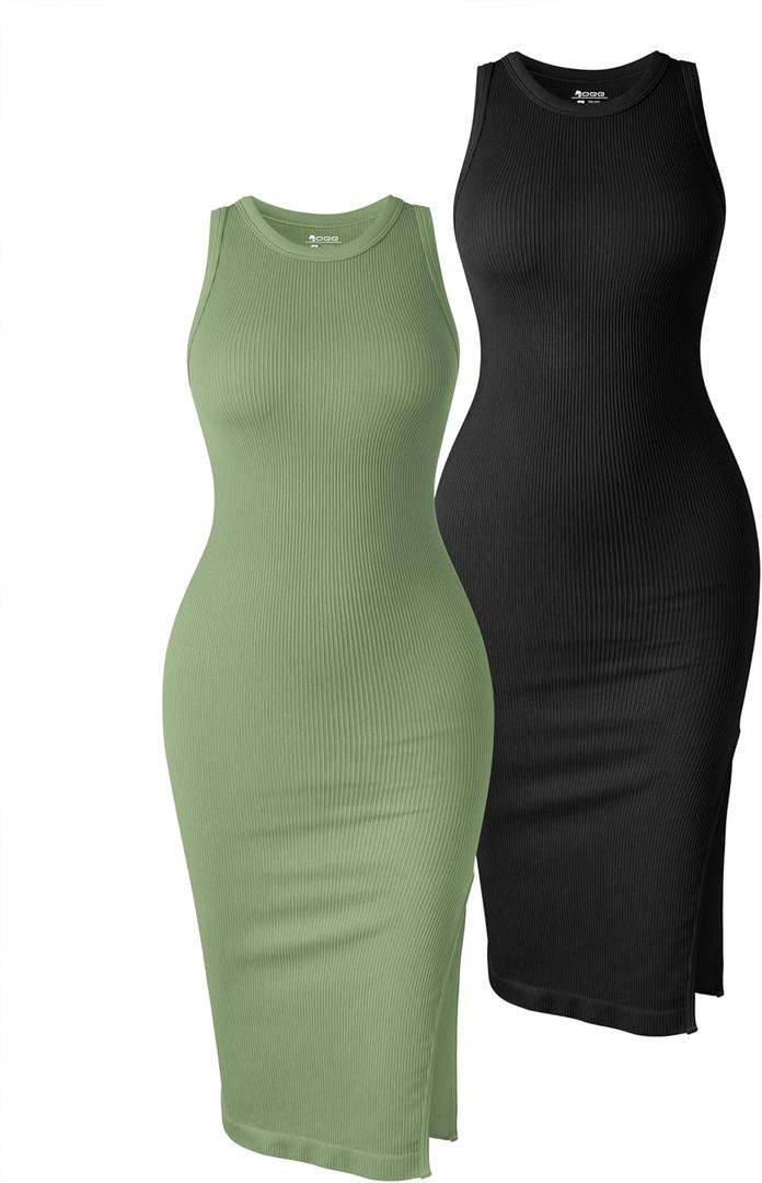 OQQ Women's 2 Piece Dress Sexy Ribbed Halter Neck Fashion Split Tank Tops Dresses Black Pea Green, Small