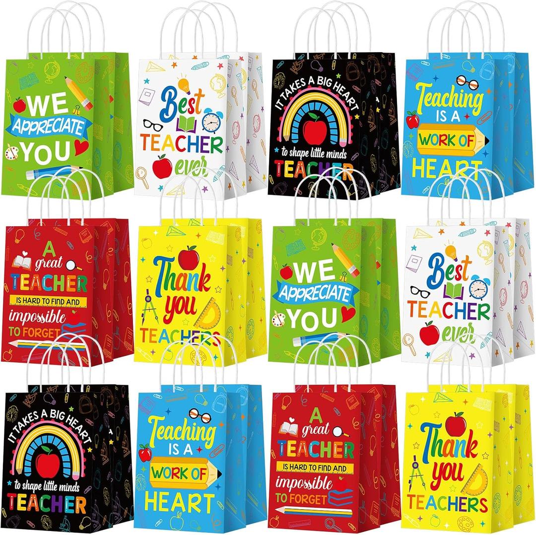 Kosiz 24 Pcs Teacher Appreciation Gift Bags Paper Thank You Teacher Party Favors Bag with Handles Pencil Ruler Apple Goodie Candy Treat Pouch for Appreciation Week Party Decoration Supplies (Colorful)