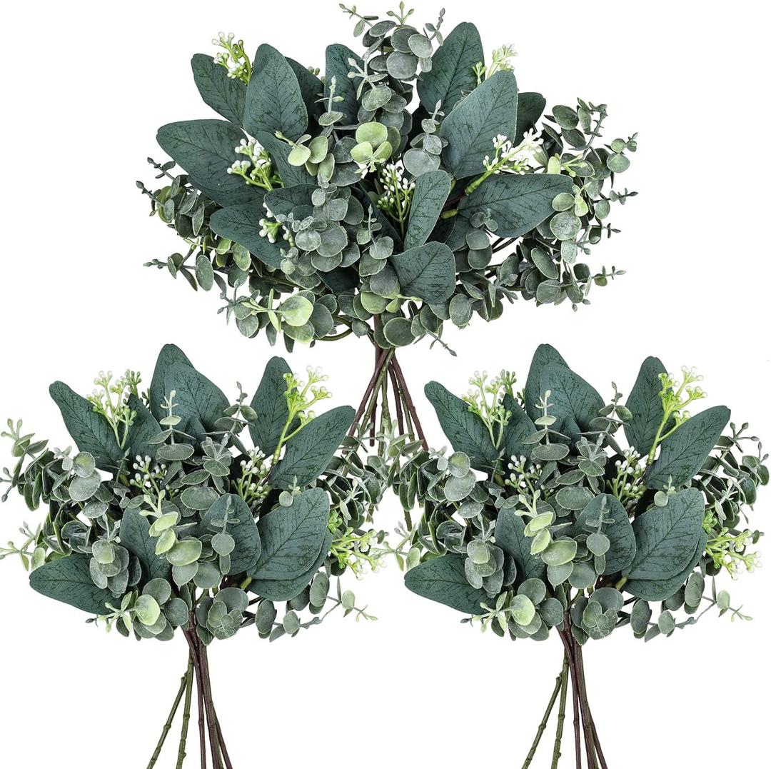 Winlyn 20 Pcs Mixed Artificial Oval Eucalyptus Leaves Bulk with White Seeds Stems and Spray for Vase Floral Wreath Bouquets Wedding Greenery Decoration