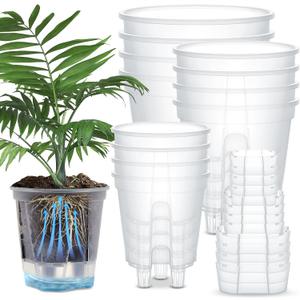 Wonderjune Self Watering Pots for Indoor Plants with Deep Reservoir and High Drainage Holes for Outdoor Plants and Flowers, Bare Root Planter(4.72'', 5.91'', 7.09'',Clear,12 Pcs)