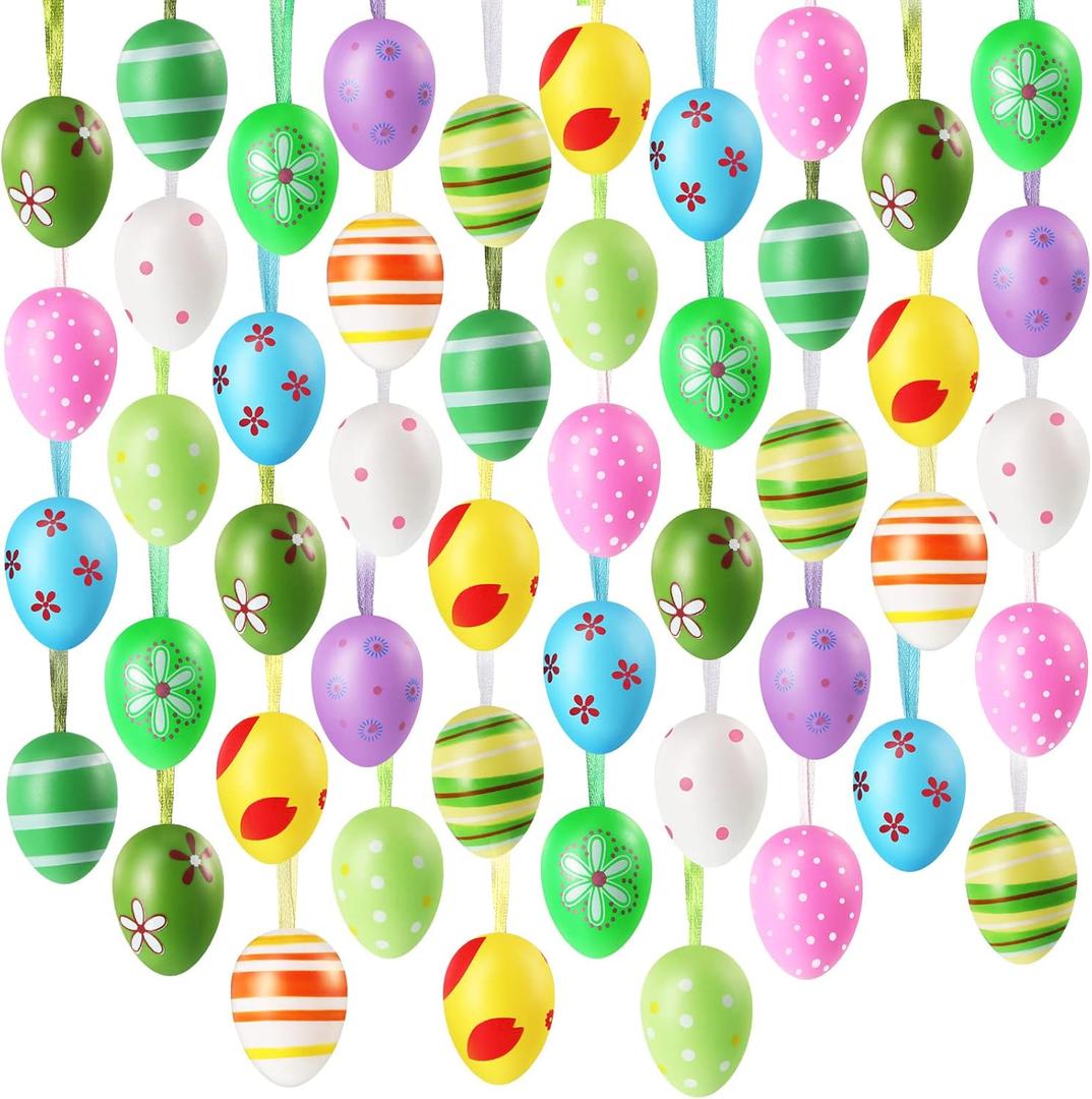 48 Pieces Easter Egg Hanging Ornaments Plastic Colorful Eggs Decorations Stripes Dots Flowers Style Mini Tree Ornaments Decorative for Holidays, Easter, Spring