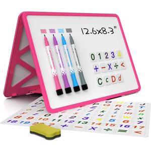 Small Dry Erase White Board with Stand, Double Sided Dry Erase Board for Kids, Foldable Small White Board Portable Mini Whiteboard with Lines & Holder for Home School Office (Pink)