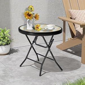 Foldable Side Table with Tempered Glass Top 18" Outdoor Folding Side Tables Small Glass Patio Table for Porch Yard Balcony Deck Lawn Dining Garden (Yellow)