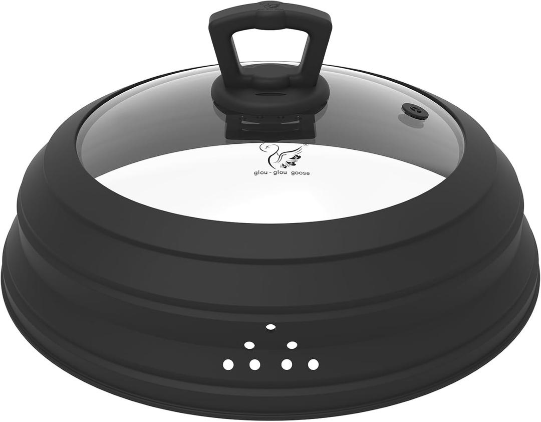Microwave Splatter Cover Vented Glass Splatter Guard Lid with Collapsible Silicone for Food as Pot Cover Plate 10.8 inch for 6 7 8 9 10 inch Plate Bowl (Black)