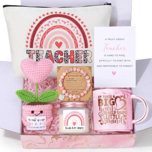 Teacher Appreciation Gifts for Women 7 Pcs, Christmas End of Year Thank You Gifts for Teachers Basket for Birthday, Graduation, Retirement, Back to School (Pink)