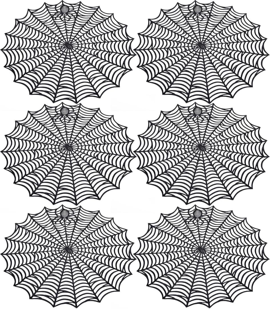 Sfcddtlg 6 Pcs Halloween Spider Web Placemats, 15" Heat Insulation Halloween Placemats Spider Web Table Mats, Hollow Out Spiderweb Coasters Placemat for Dining Table Party Decoration